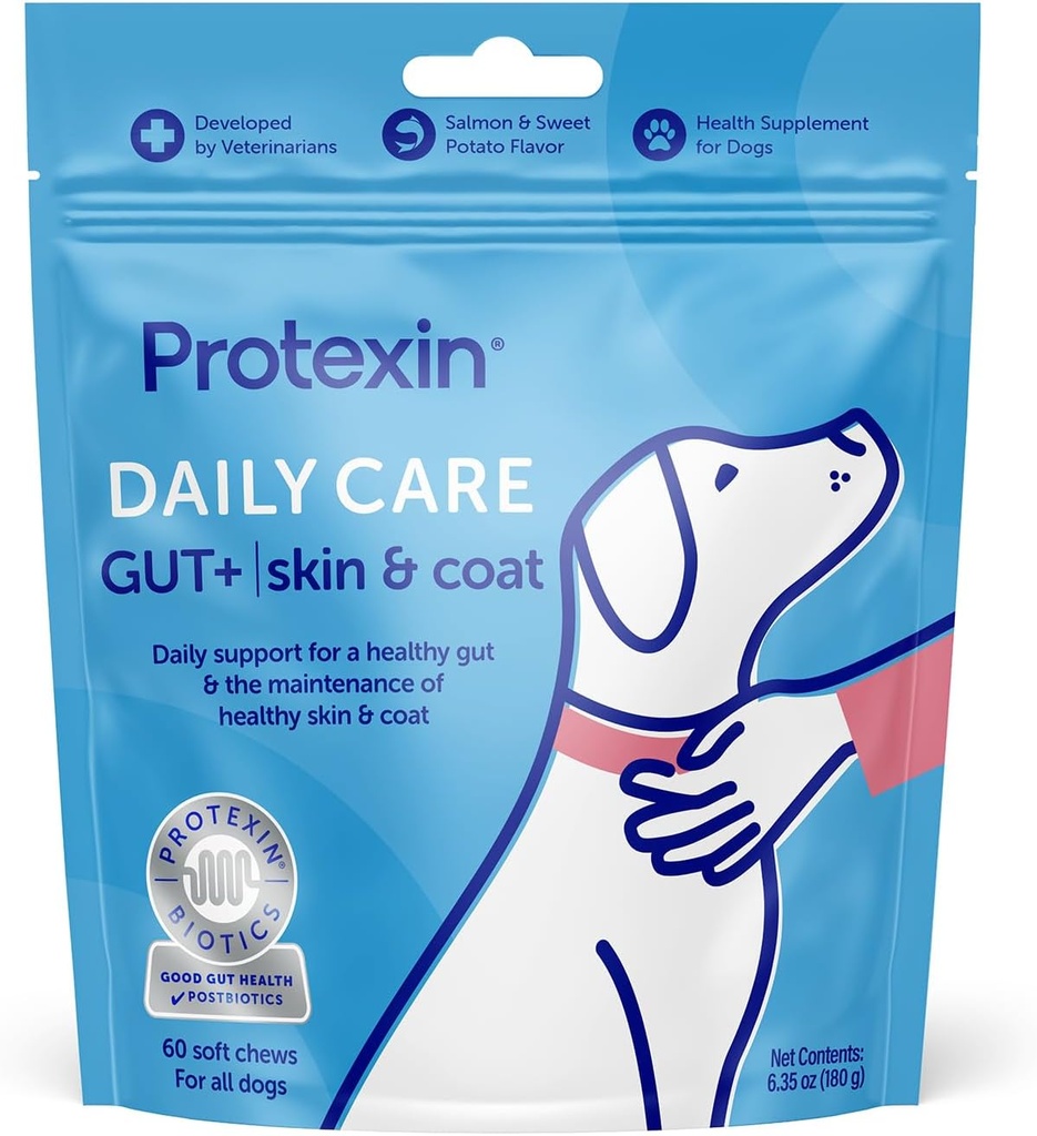 Protexin Daily Care Gut+ Nahk & Coat | 60 koera närimist, lõhet ja magusat kartulimaitselist koeralisandit | Probiootikumid koertele, koer Postbiootikumid