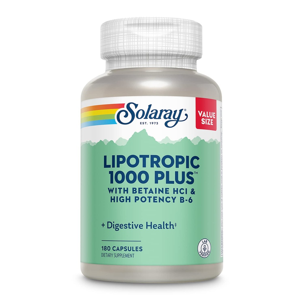 SOLARAY Lipotropic 1000 Plus – Digestive, Energy & Fat Metabolism Support, with Betaine HCl & Vitamin B-6, 180 Capsules