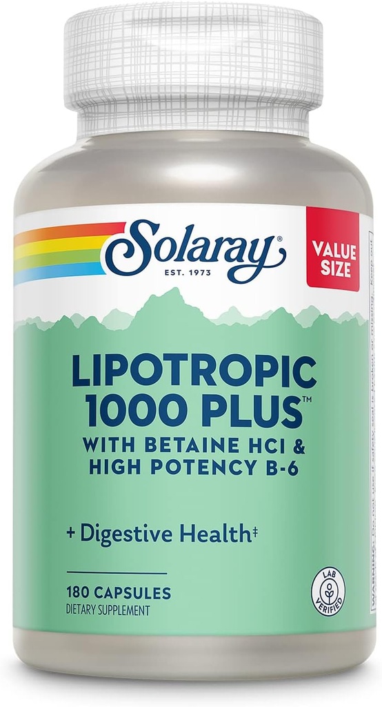 SOLARAY Lipotropic 1000 Plus med Betaine HCl & High Potency B-6, Healthy Digestion, Energy och Fat Metabolism Support, Lipotropic Complex Plus Aloe Vera, 60 Day Guarantee, 30 Servings, 180 kapslar