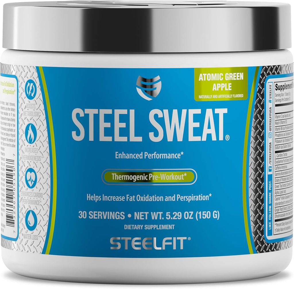 SteelFit Steel Sweat Fat-Burning Pre workout Boost Metabolisme, Verhoog Energie, Branden Vet & Calorieën Green Apple, 30 porties
