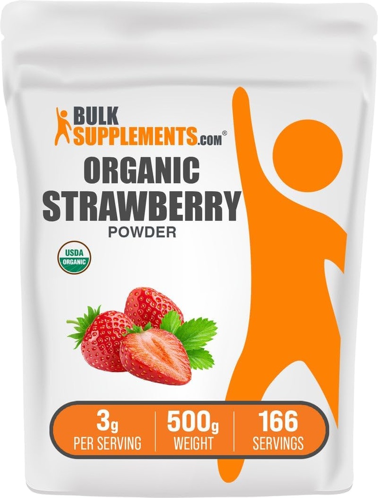 BulkSupplements.com Organic Strawberry Powder - Fruit Powder from Organic Strawberries - No Sugar Added & Gluten Free, 3g per Serving, 500g (1.1 lbs) (Pack of 1)