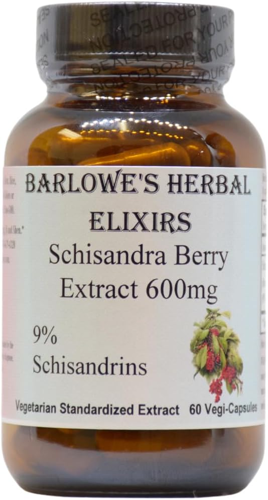 Barlowe's Herbal Elixirs Schisandra Berry | Extract | 9% Schisandrins | 600mg per Capsule | 60 Veggie Capsule | Non-GMO | Stearate Free | Glass Bottle