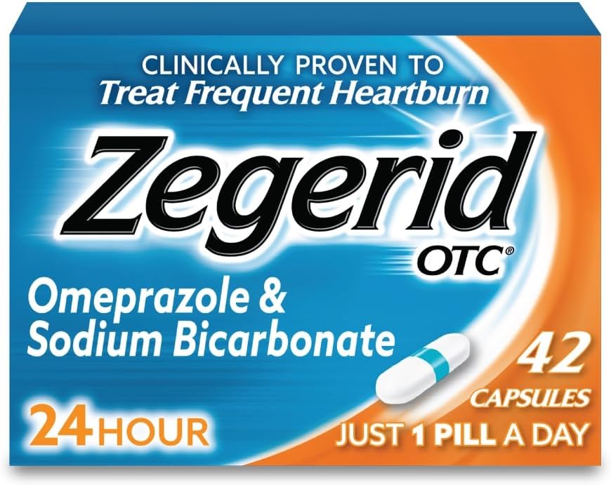 Zegerid OTC, 24-uurs Heartburn Relief, Acid Reflux Medicine and Antacidity, Treats Frequency Heartburn, Omeprazol 20mg + Natriumbicarbonaat, Proton Pump Remmer (PPI), 42 Capsules