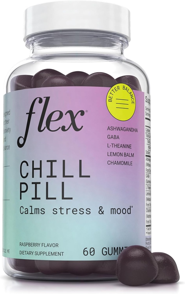 FLEX Chill Pill - Stress Relief - Balance - Helps to Relax - Ashwagandha - L-Theanine - GABA - Chamomile - Lemon Balm - Berry Flavor - Vegan-Friendly - Gluten-Free - 60 Gummies (Chill Pill)