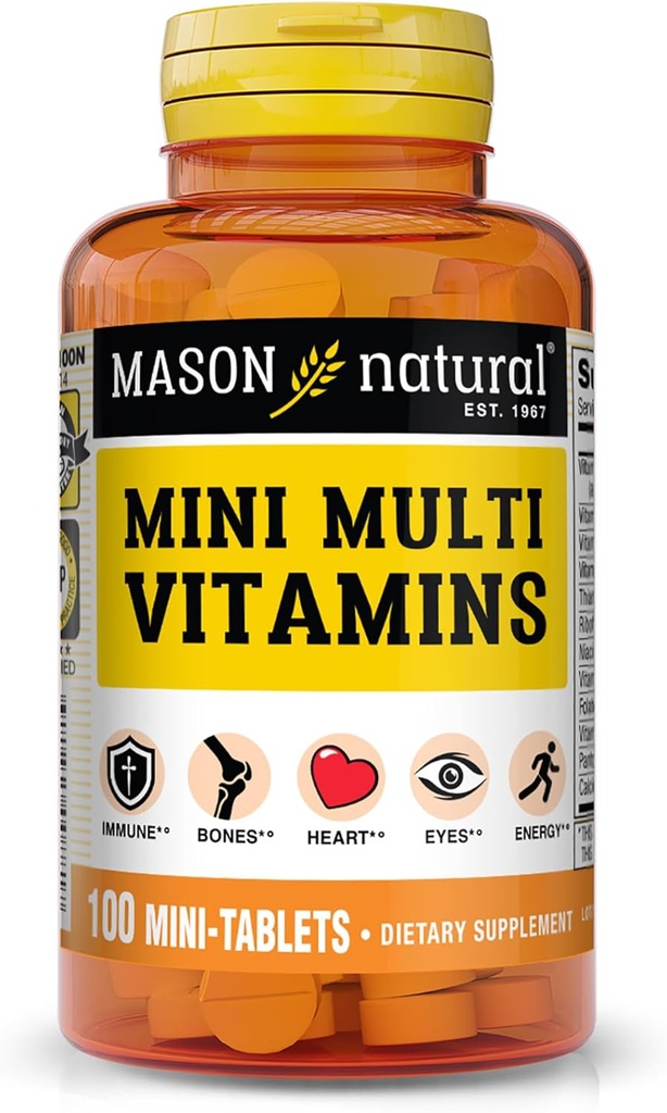 MASON NATURAL Mini multitaminas, vitamina A, C, D3, E, B1, B2, B3, B6, B12, Fute i Calci per a la Sanitat global, 100 dies de camp