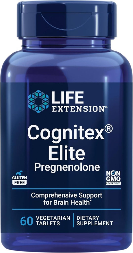 Extensión de vida Cognitex® Elite Pregnenolone, sabio, Blueberry, ashwagandha, fosphatidylserine, Advanced Formula, Atención, Focus, Memory, Gluten-Free, Non-GMO, Vegetarian, 60 Tablets