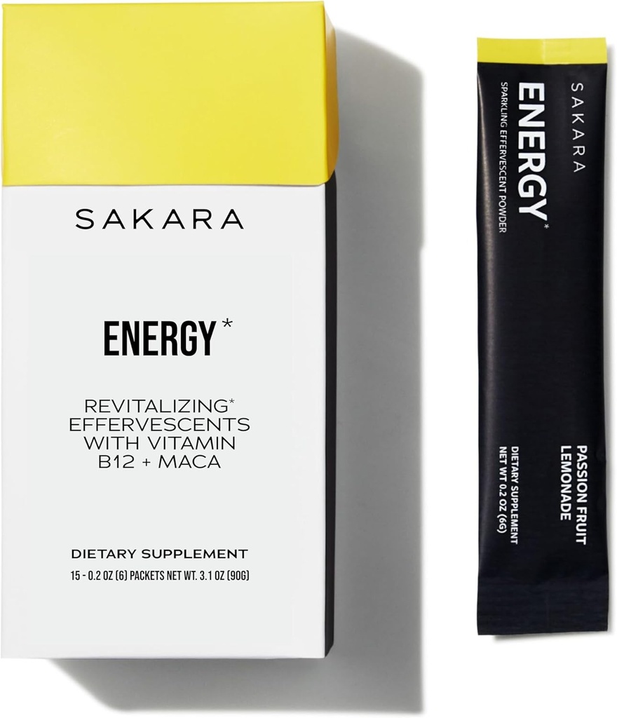 SAKARA Energia-Effervescents, 15 Packets - Azukre libreko elektrolitoen hauts-paketeak B12 bitaminarekin eta L Theaninarekin, ur-pakete zaporetsuak, hidratazio-hautsa, Energia-Eduzitzea Elektrolito hautsa