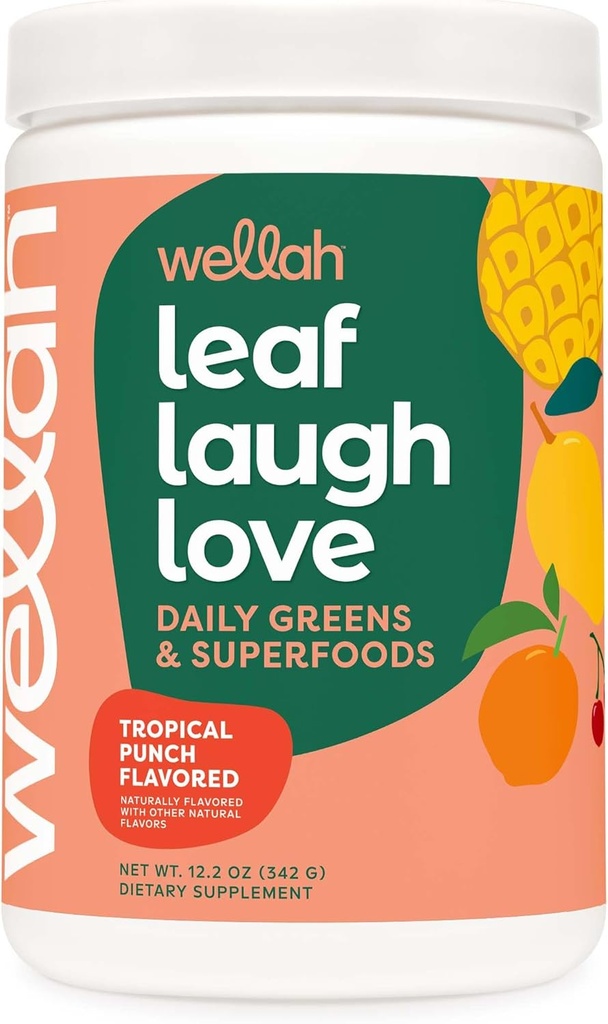 Wellah Leaf, Laugh, Love Super Žalieji milteliai (Tropical Punch) 30 Paslaugos - Superfood Addition Drink Mix