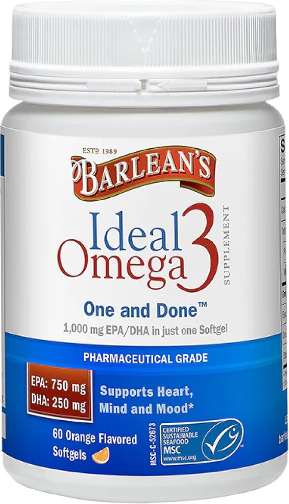Ideal Barlean Omega 3 Fish Oil Suffels, 1,000 mg Softgels, Pharmaceutical Grade EPA & DHA for Brain, Joint, & Heart Health, Orange Flavor, 60 ct