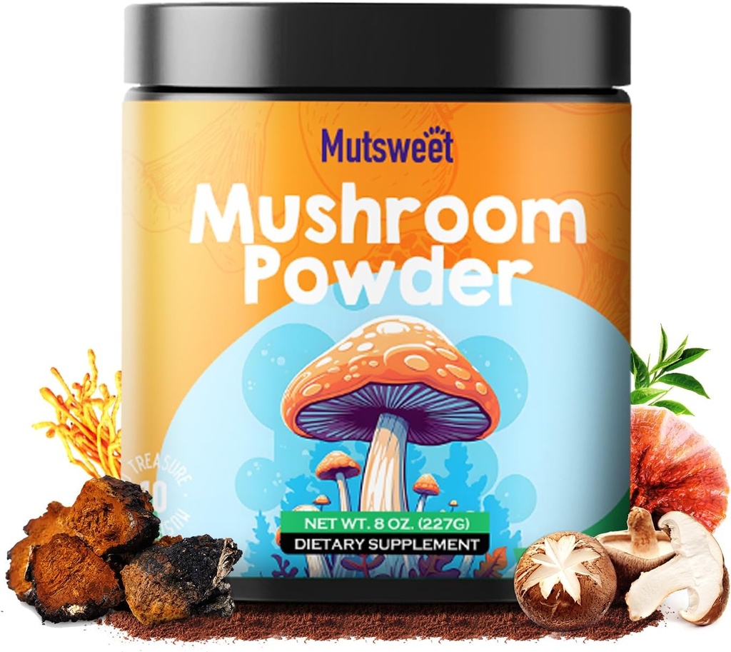 Mushroom Powder Suplemento, 75 Sirve 10 Mushrooms Blend for Coffee &amp; Smoothies, 8 oz Mushrooms & Rhodiola Rosea con Lions Mane, Reishi, Chaga, Cordyceps for Energy, Memory, Immune