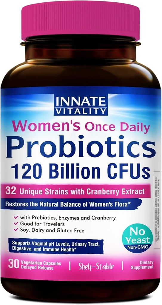 Innate Vitality Women's Probiotics, 120 Billion CFU, 32 테스트 된 Strains, 여성, 효모 제어, 질 pH 지원, Prebiotics, 소화 효소, 크랜베리, 한 번 매일 30 Veggie 캡슐