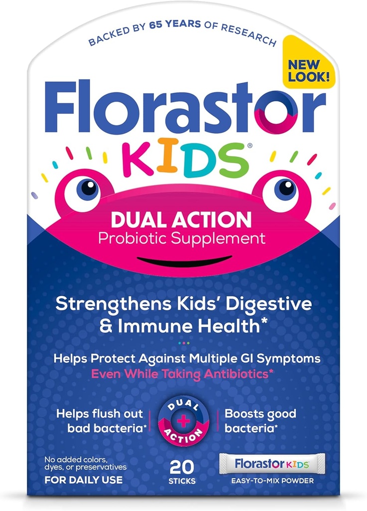 Florastor Kids double action probiotique supplément, renforce la santé digestive et immunitaire des enfants, 20 bâtonnets de poudre facile à mélanger, emballage mai Varier