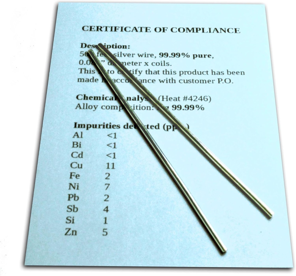 Generador de Plata Colloidal Wire Garantizado 99.99% Puro - Conjunto de (2) 4" Rodes de electrodo 12-Gauge (0.08 in. / 2.06 mm) con Certificado de Cumplimiento/Análisis Químico Completo de Composición de Aleación