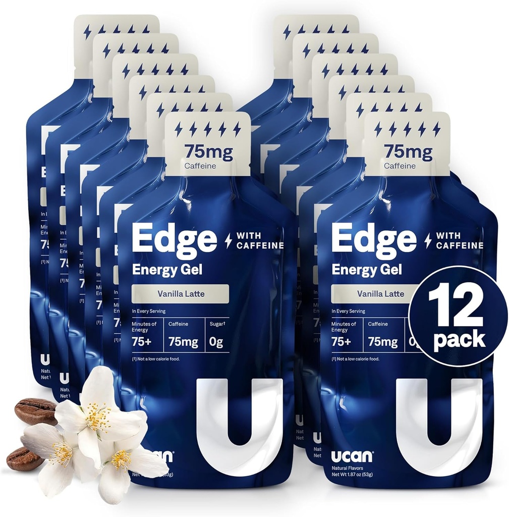 UCAN Edge Energy Gel Shots, Vanilla Latte + Caffeine (12, 2 Ounce Packets) para Running, Training, Workouts, Fitness, Cycling, Crossfit ← Sugar-Free, Vegan, &amp; Keto Friendly Energy