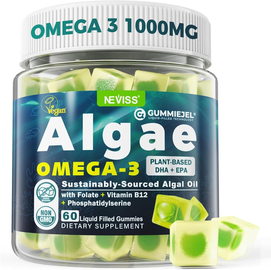 Algae Omega 3 Gummies 1000mg, thực vật DHA 460mg & EPA 230mg, Omega 3 phương pháp thay thế dầu cá cho người lớn, cộng với MethylFolate, vitamin B12, Phosphatidylserine, No Fishy taste, Vegan, Sugar Free, 60 Cts