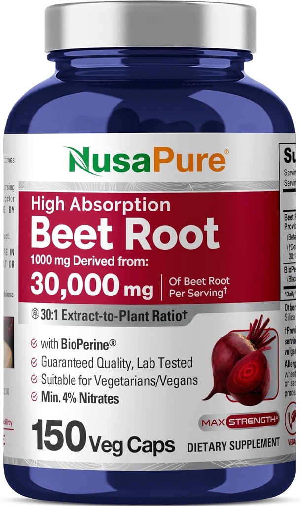 NusaPure Beet Root 30:1, 1000 mg Eg tương đương 30.000 mg 150 Veggie mũ (Vgan, Non-GMM & Vegan 4% Nitrates) Bioperine