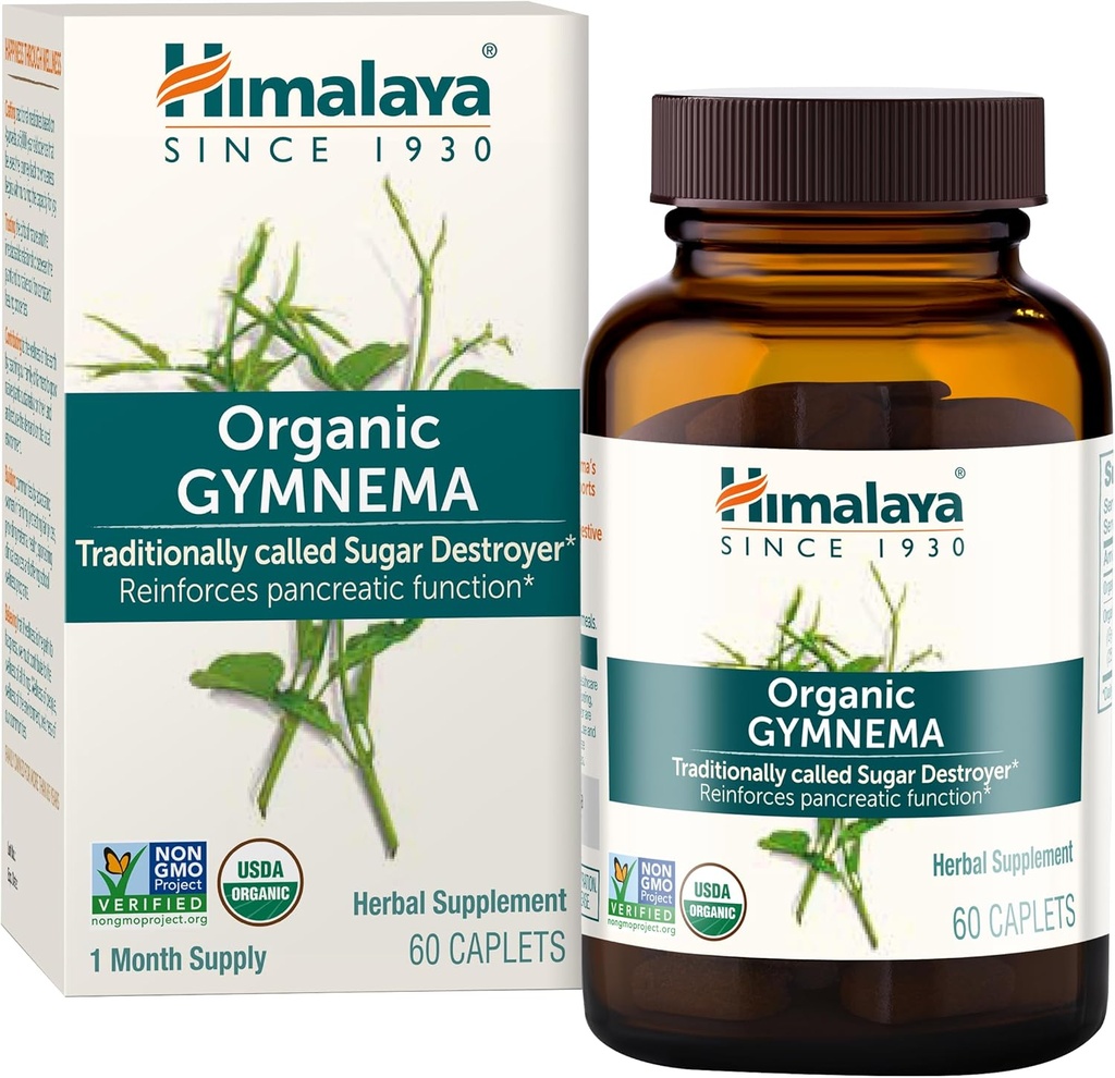 Himalaya Organic Gymnema Sylvestre – Herbal Glucose Metabolism Support - USDA Økologisk, Ikke-GMO, Vegan, Glutenfri, Tilsetningsfri, 700 mg, 60 Caplets