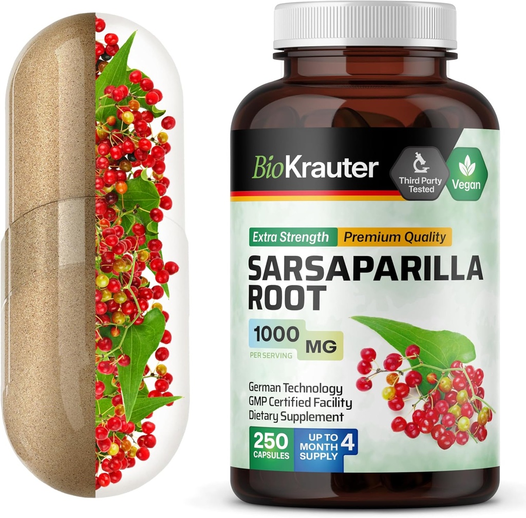 BIO KRAUTER Sarsaparilla Root Capsules - 1000 mg Kekuatan - 250 Vegan Sarsaparilla Extract Caps - Tidak ada Penjual