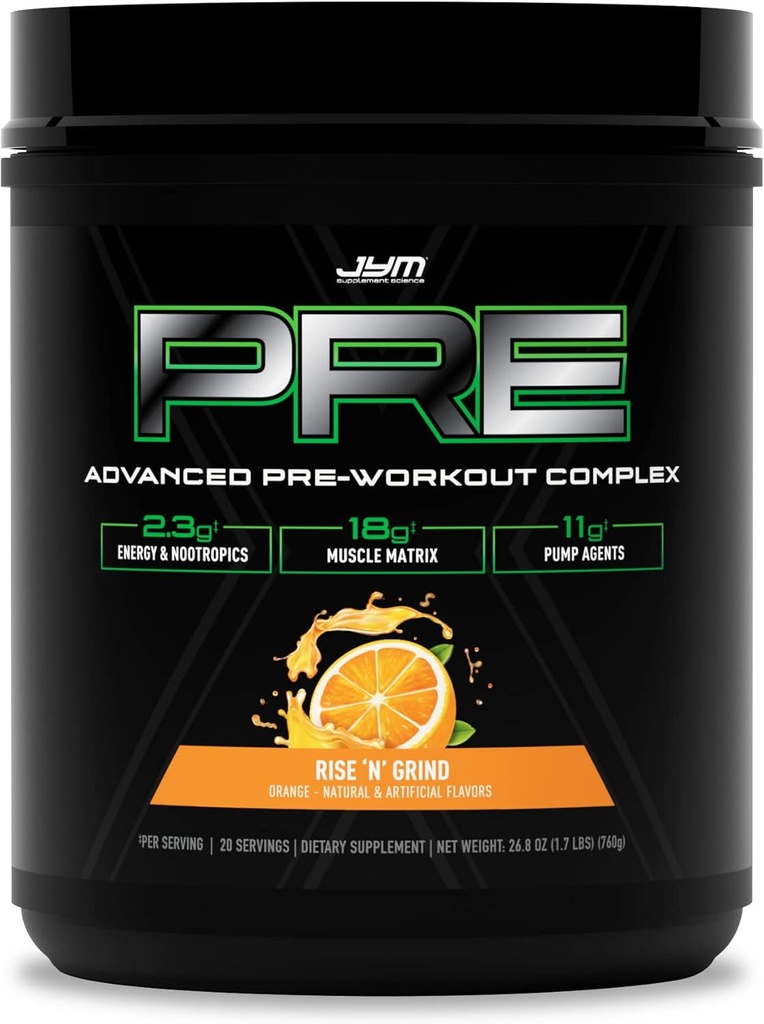 Pre JYM X Rise N' Grind Advanced Pred-workout Powder Massive Pumps, Citrulin nitrat, dinamin, NO3T Betain, BCAA, Nootropics, Creatine, Beta-Alanin, JYM Supplement Science, 20 Služabnikov