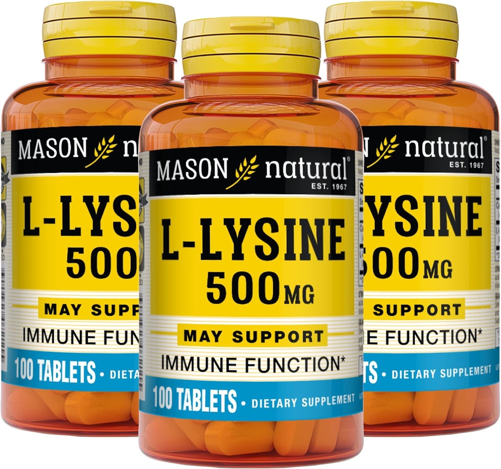 MASON NATURAL L-Lysina 500 mg con calcio - Función inmune mellorada, absorción de nutrientes mellorada, Aminoácido esencial, 100 tabletas (capa de 3)