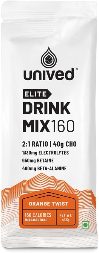 Unived Elite Drink Mix 160 | Isotonic Energy Drink | 2:1 Ratio & 40g Carbohydrates with Betaine & Beta-Alanine | Endurance Athletes Sports Drink Orange Twist, 8 Pack