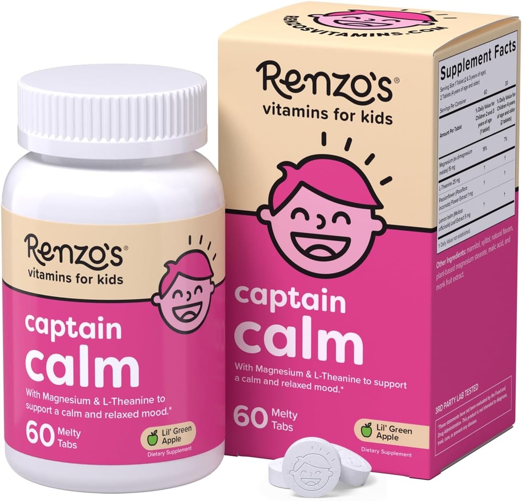 Capitán Calm de Renzo, Suplemento de magnesio para nenos con L-teanina, Vitaminas de nenos dissolvebles para a relaxación e soporte para o humor, suplementos de calming sen azucre, 60 tabletas de melty de Apple verde adornado