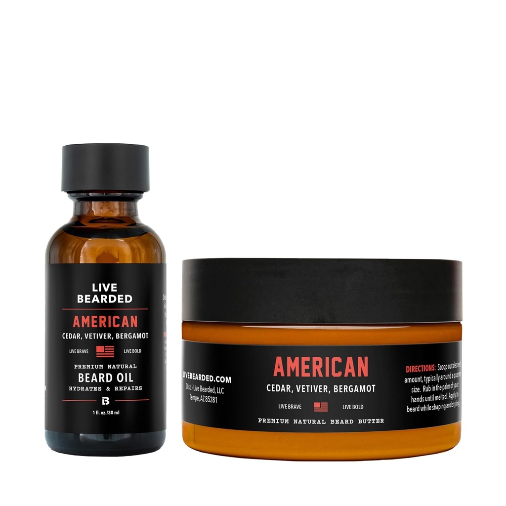 Live Beard Oil and Butter Grooming Kit - Made in the USA - All-Natural Ingredians with Shea, Argan, Jojoba - Growth Dukung 124; American Scent - Cedar, Vetiver, Bergamot