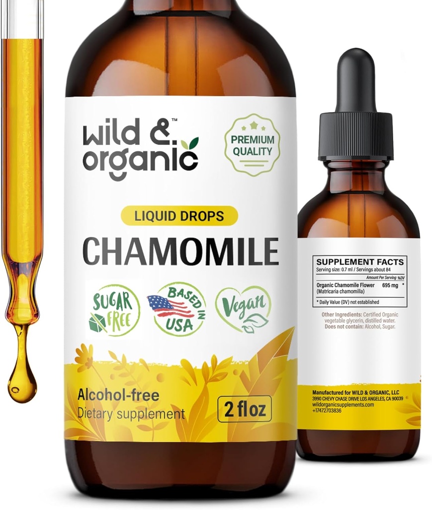 Tintura de camomila selvagem e orgânica - Relaxante e calmante Camomila Suplemento - Liquid Flower Extract Drops - Vegan, Açúcar & Álcool - 2 fl oz