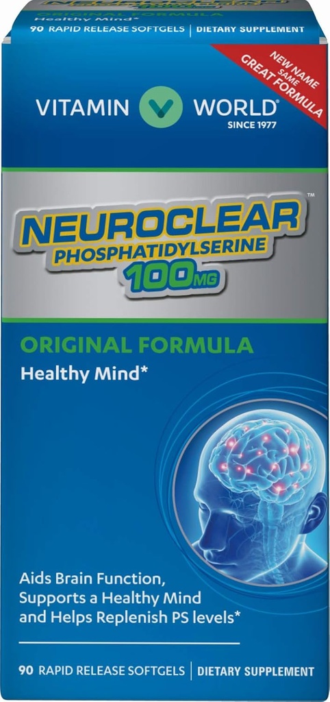 Vitamin World NeurroClear ™ Fosfatidlyserine 100 mg. 90 Softgels, PS Levels, Brain Dukung, Mental Focus, Rapid- Rapidlease, Gluten Free