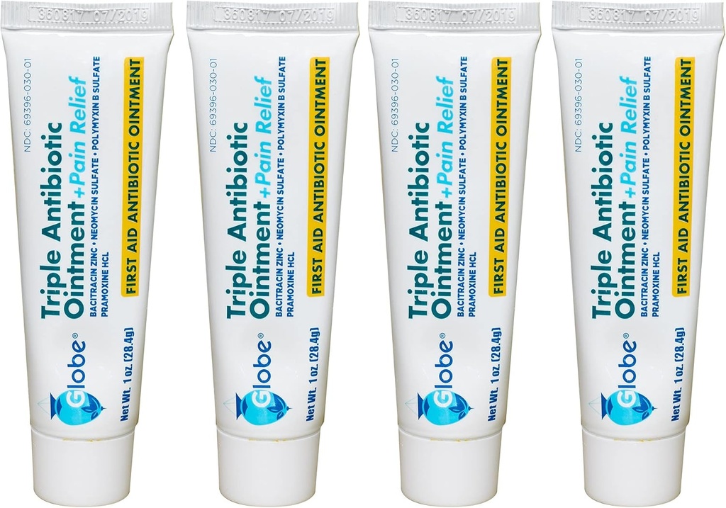 Globe (4 Pack Triple Antibiotic + Pain Relief Ointment 1oz, First Aid Antibiotic, Soothes Pain, Cuts, Burns and Scraps 24 Hour Infección