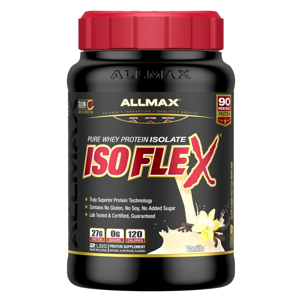 ALLMAX ISOFLEX Whey Protein Isolate, Vanilla - 2 lb - 27 Grams of Protein Per Scoop - Zero Fat & Sugar - 99% Lactose Free - Gluten Free & Soy Free - Approx. 30 Servings