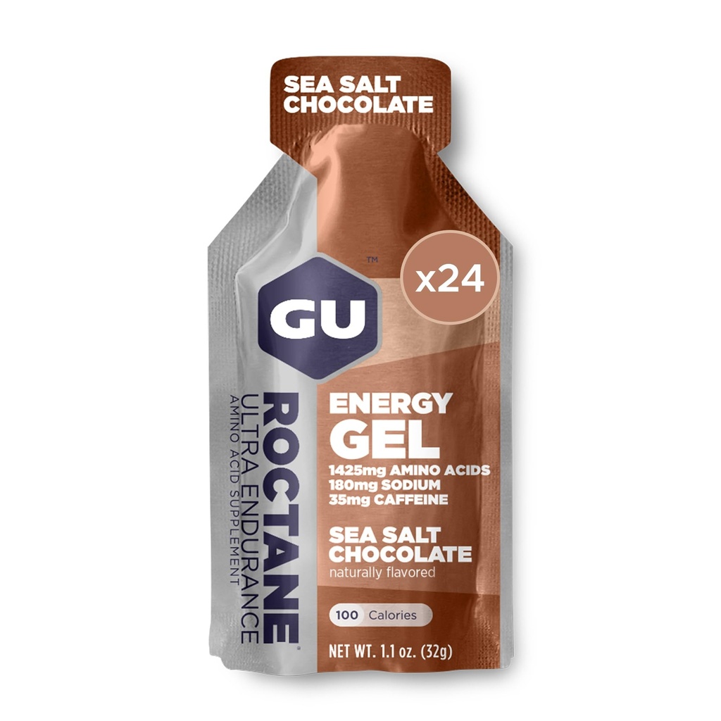 GU Energy Roctane Ultra Endurance Energy Gel, Vegan, Gluten-Free, Kosher, and Dairy-Free On-The-Go Sports Nutrition for Running, Biking, Hiking or Skiing, Sea Salt Chocolate, 24-Count