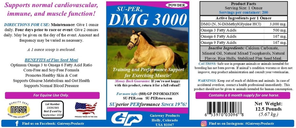SU-PER DMG 3000 Horse Supplement - Training & Performance Support Powder - Ondersteunt normale Cardiovasculaire Immuun & Muscle Function - 12,5 Pond, 6 maanden levering