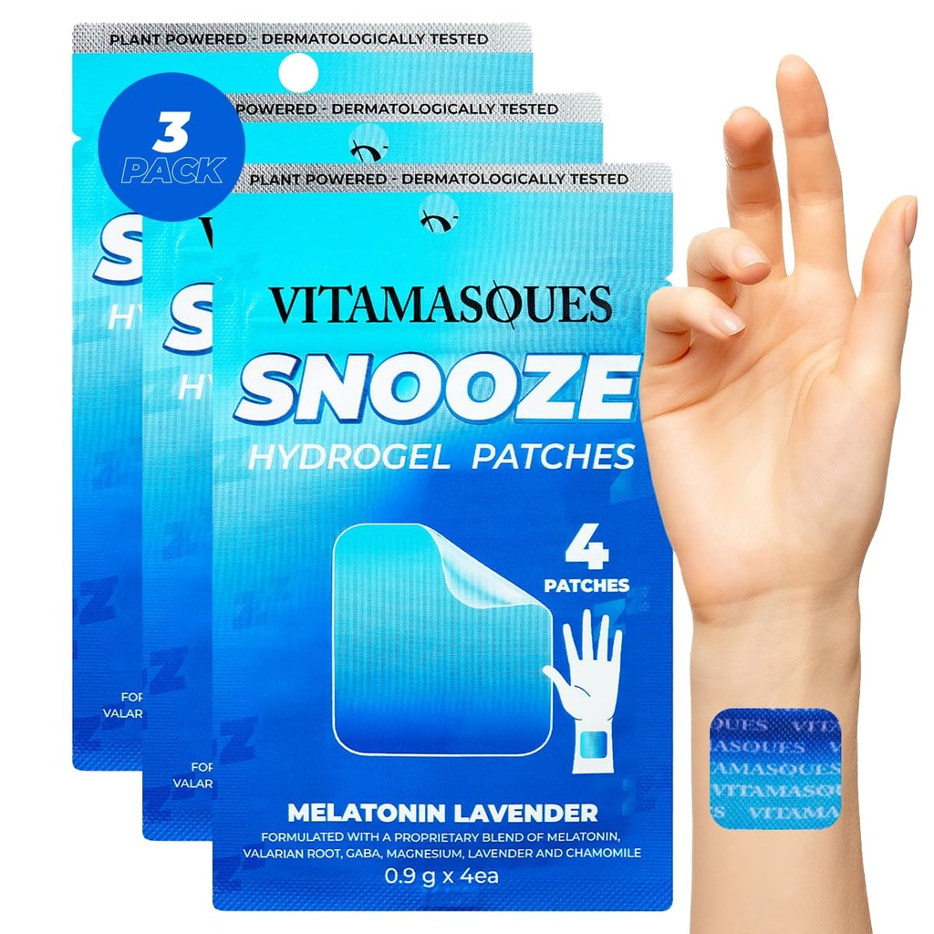 Vitamasques Sleep Patches pro dospělé, SnoozeMe Wellness Hydrogel Patch (3-Pack) - Spánek s levandulí, melatonin, & Valerian Root - Cruelty-Free, Korean Skin Care Sleep Patch