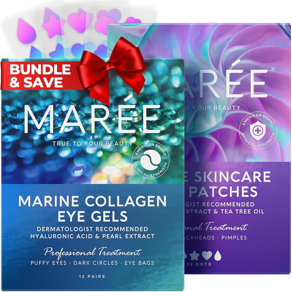 MarEE Acu geli & Acne balināšanas ierīces Bandle - Zem acu gels puffy acīm un tumšiem apļiem, Hydrocolloid Acne terapijas ierīce - Marine Collagen & Hyaluronic Acid, Green Algae Extract & Tea Tree Oil