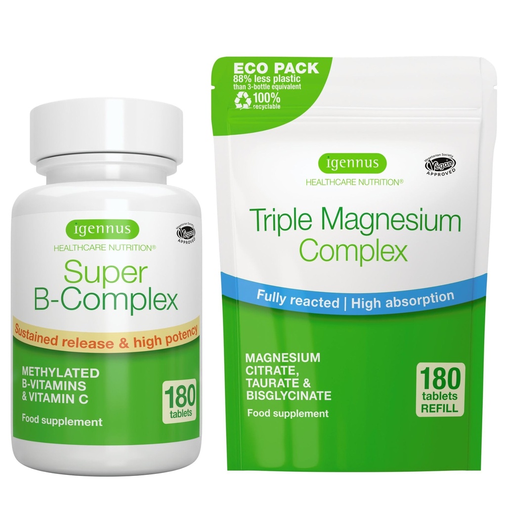 Super B-Complex 180 Tablets + Triple Magnesium Complex 180 Tablets Vegan Bundle, Methylated Sustained Release B Complex + High Absorption Chelated Magnesium Glycinate, Taurate & Citrate, by Igennus
