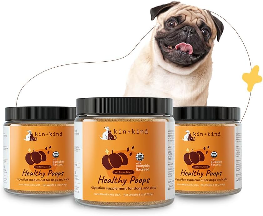 kin+kin Kind Fibra Orgânica para Cães e Gatos - Pumpkin Boost para Poops Saudáveis - Saúde Digestiva - Sementes de Flax, Ginger, Açafrão e Coco - Made in USA - Bundle (3 x 8 onças)