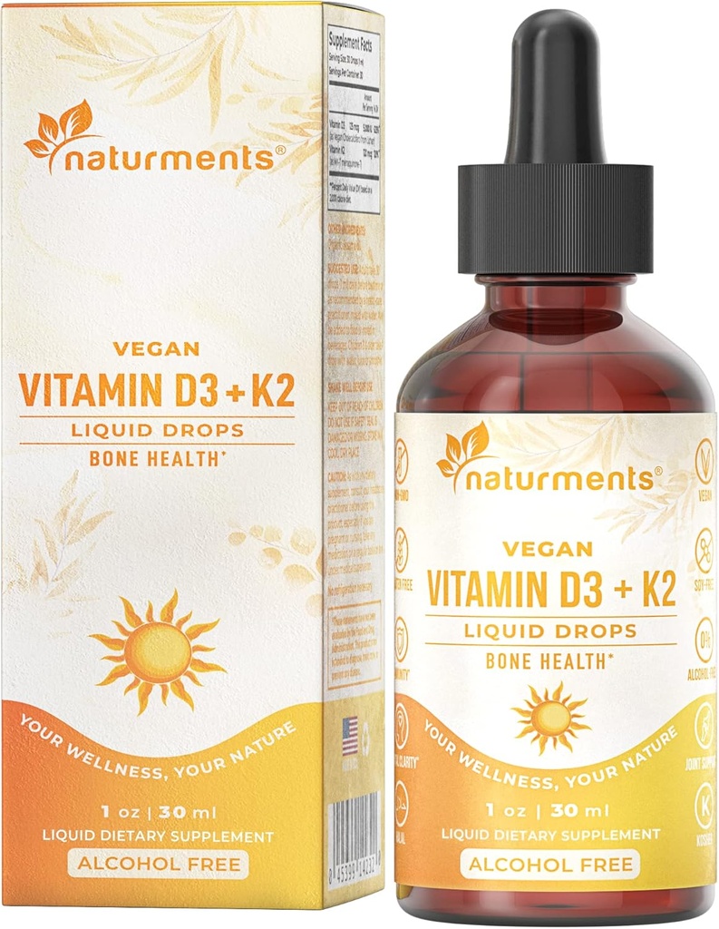 Vitamina D3 con caídas líquidas K2 (como Lichen) + K2 Complexo: para o soporte e enerxía inmunes na Fórmula ósea e cardíaca - Absorción máis rápida non GMO, Vegan Alcohol-Free, Sugar-Free 1 Fl Oz
