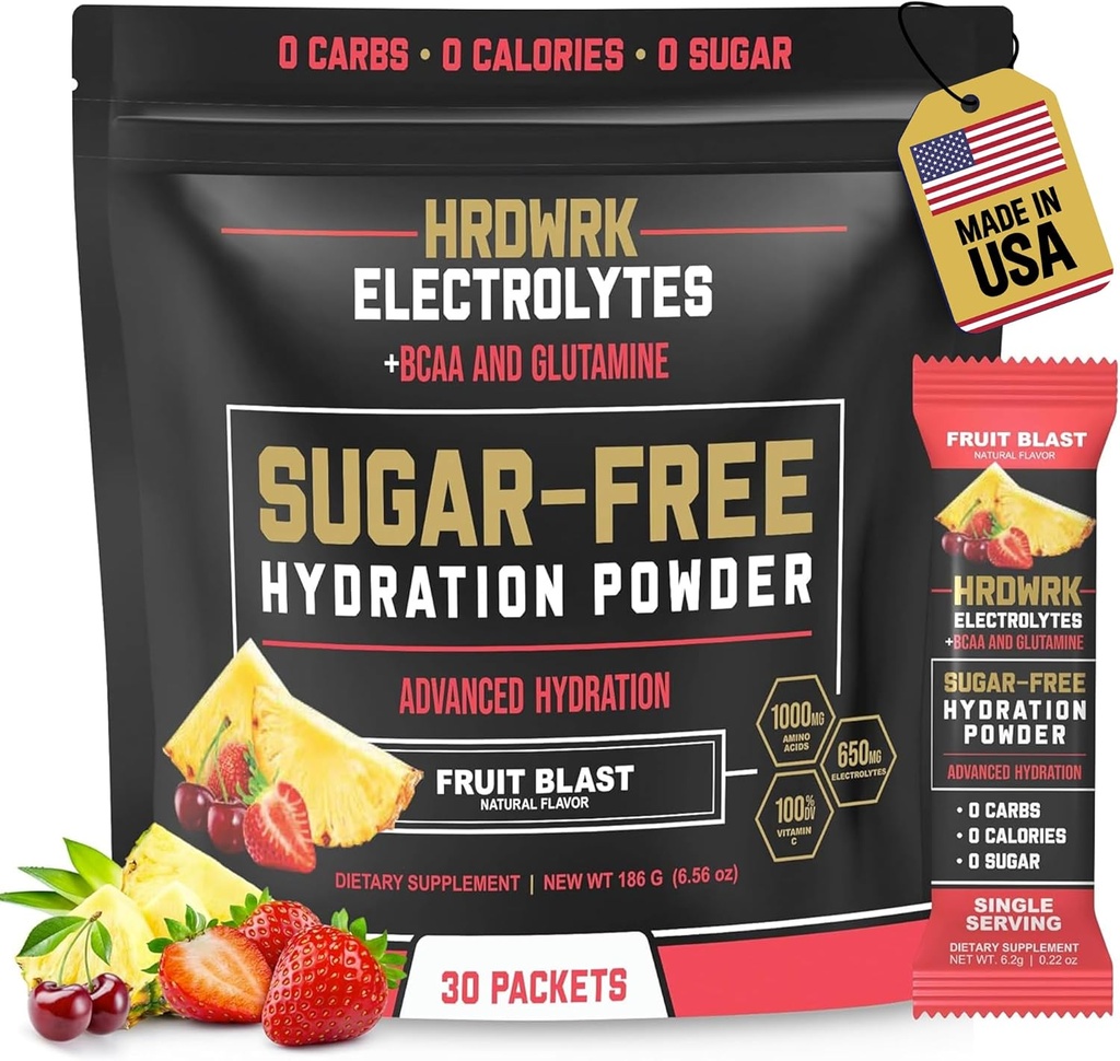 HRDWRK Electrolytes Powder Packets Magnézium, Kálium-nátrium, Keto Hydration - BCAA Electrolyte Powder Packets Glutaminnal, 30 Electrolytes Powder Packets Sugar Free (Gyümölcslökés)