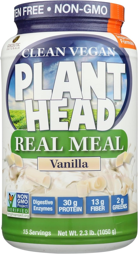 Plant Head Real Meal Organic Plant Based Protein Powder, Vanilla - Vegan, Nízke net Carbs, Non Dairy, Gluten Free, Laktóza, bez cukru Pridané, 2,3 libra