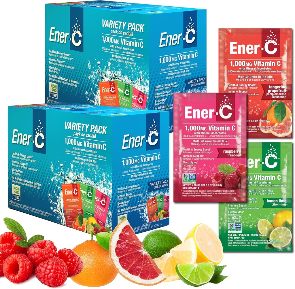 Mezcla de bebidas multivitamínicas ener-C - Packets de vitaminas para agua, paquetes de pólvora de electrolitos, mezcla de vitaminas, mezcla líquido de hidratación, boóster inmune para adultos, energía sana - paquete de variedades, 60 conde