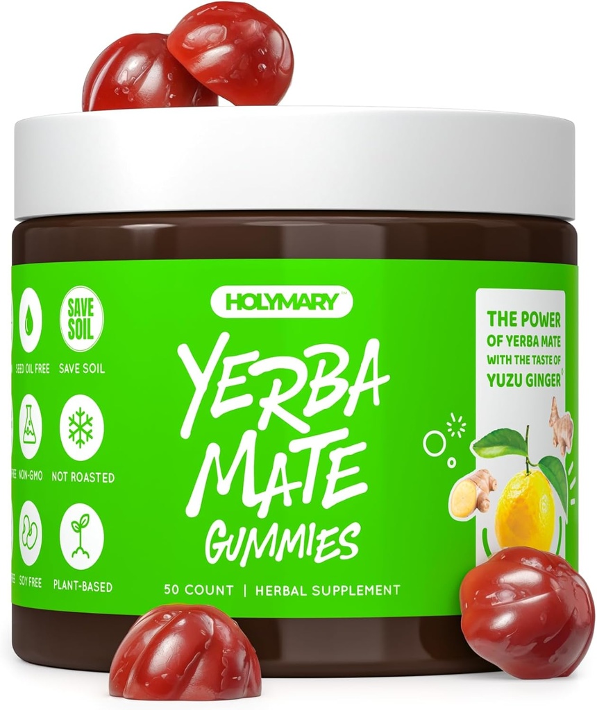 Gummies Yerba Mate - Yuzu & Ginger Flavor for Energy, Focus, Imunidade & Cardio Saúde - Vegan, Não-GMO, Gluten-Free - 50 Gummies Suplemento Natural