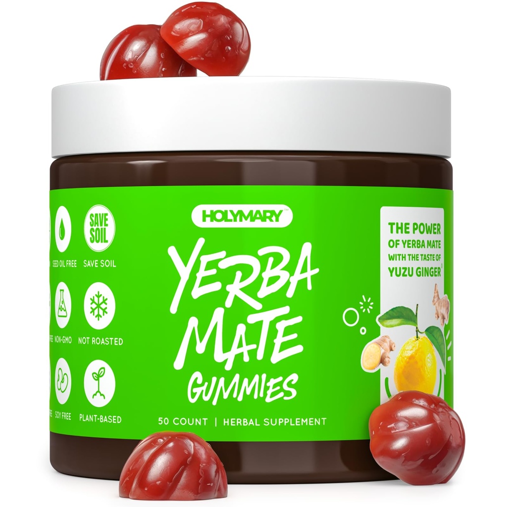 Yerba Mate Gummies - Yuzu & Ginger Flavor for Energy, Focus, Immunity & Cardio Health | Vegan, Non-GMO, Gluten-Free - 50 Natural Supplement Gummies