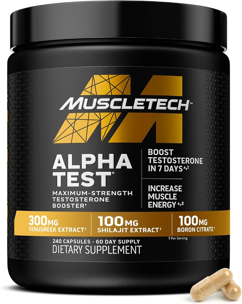MuscleTech Testosteron Booster voor mannen, AlphaTest - T-Boost Heren Supplement met Tribulus Terrestris & Boron - Daily Male Gym Workout Supplementen voor spiergroei, uithoudingsvermogen en energie - 240 pillen