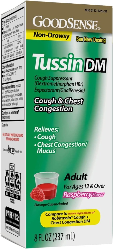 GoodSense Tussin Tusough Syrup DM, Raspberry Flavor, Relief eficient pentru tuse și congestie toracică, Thins Mucus, 8 Fl Oz