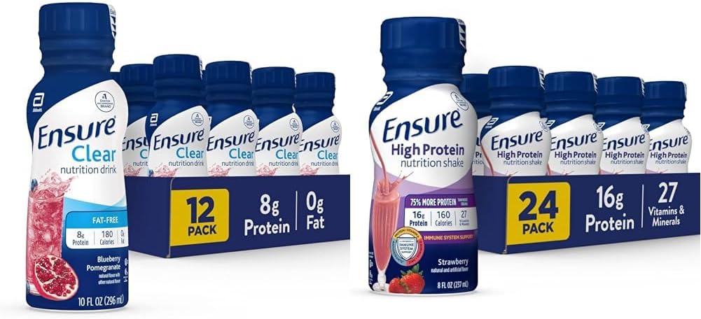 Vergewissern Sie sich flüssige klare Ernährungs-Getränke, 0g Fett, 8g Protein, Blueberry Pomegranate, 10 Fl Oz (Pack mit 12), Flasche, glutenfrei & Stellen Sie sicher, High Protein Strawberry Nutrition Shake, 24 Pack