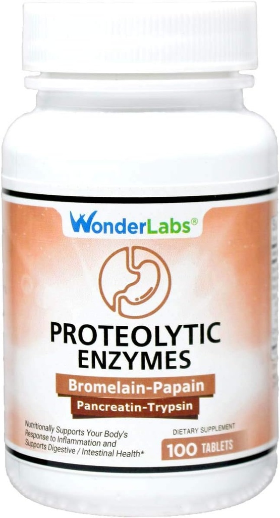 Wonder Laboratories Enzimas proteolíticas Bromelaína Papaína Pancreatina Trypsina 550 mg Total com Amylase, Lipase padronizada e Protease, 100 comprimidos