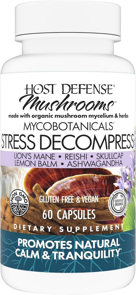 Hoste Defense MycoBotanicals Stressse Decompress* Capsule - supliment de ciuperci cu Lemon Balm & Ashwagandha Root - cu Reishi, Lion's Man & Skullcap - 60 capsule (30 Servings) *