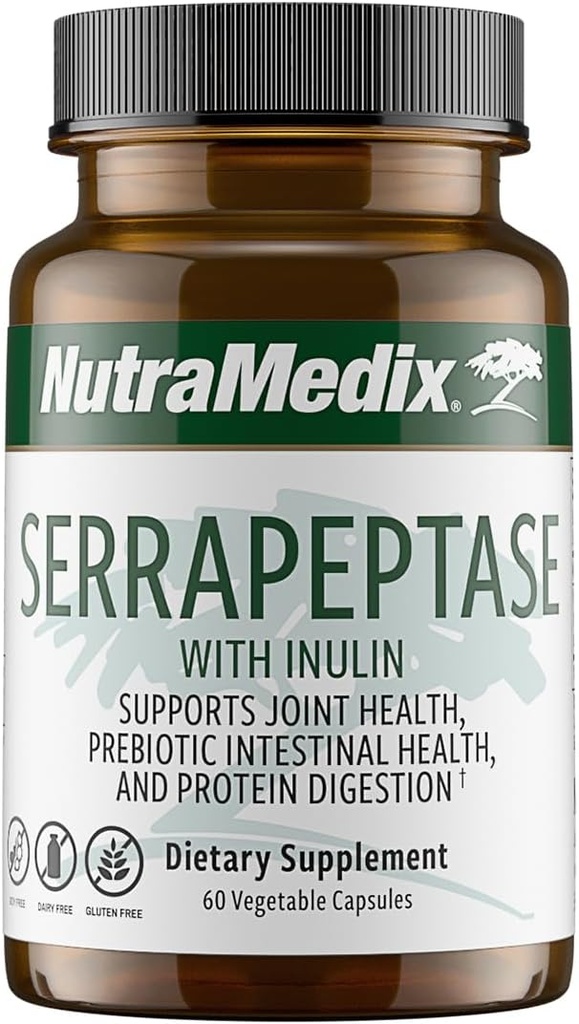 Nutramedix Serrapeptase Supplement - Enzimas proteolíticas para Digestion + Inulina - Feito para apoiar Suporte à Saúde Digestiva - Gluten, Soy e Dairy-Free (60 Cápsulas)