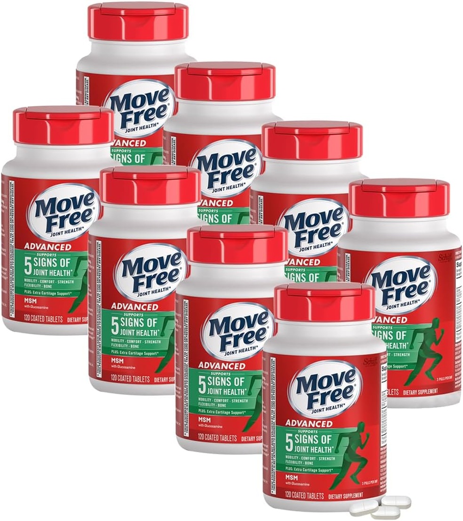 Move Free Advanced Glucosamine Chondroitin MSM Skupni dodatek za podporo, Podpira mobilnost, Udobje, Jakost, Fleksibilnost in kosti, 120 Tablete/40 Serving (8 Pack)